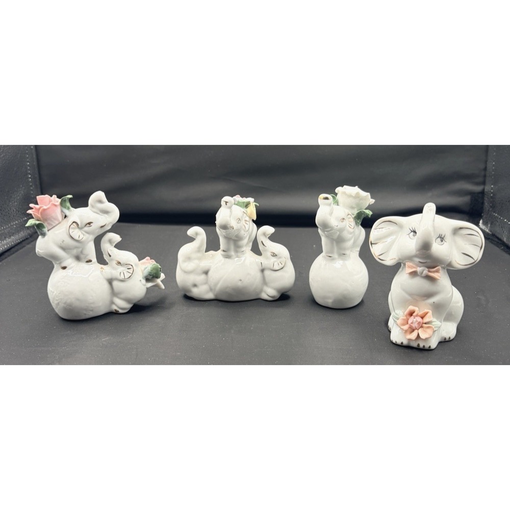 Vintage Ceramic Elephant figurines 4 Pink Roses Floral Cottagecore Decor"